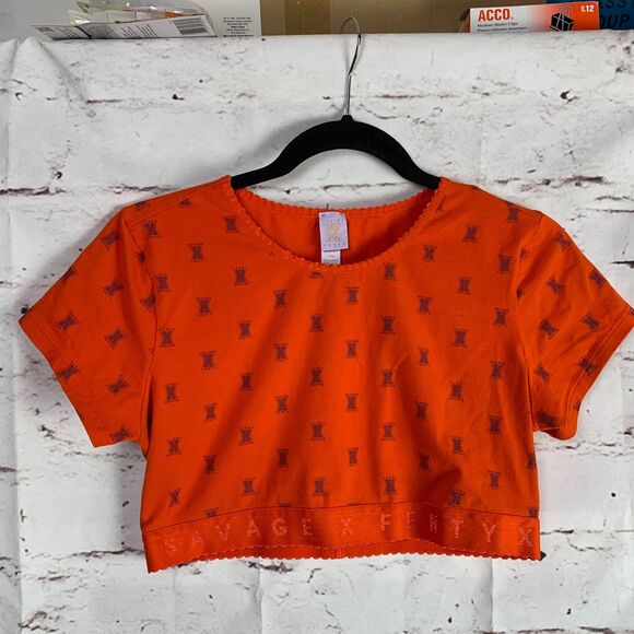 Savage X Fenty Orange Cropped Logo Tee Women’s Large Streetwear Festival Top - Picture 1 of 9